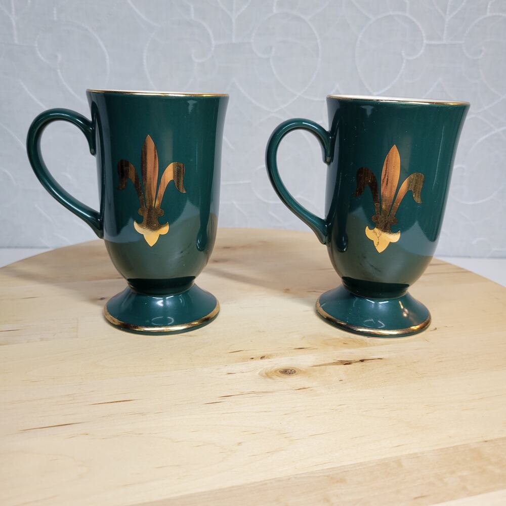 Vtg Hornsea Pottery Irish Coffee‎ Mugs Green Gold Fleur De Lis Crest England